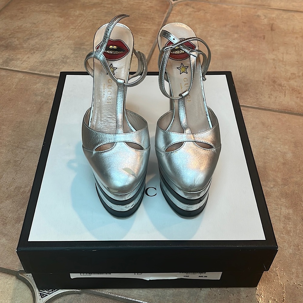 Silver and Black Gucci Angel platform heel